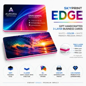SKYPrint™ EDGE 32PT handcrafted 3-layer business cards with vibrant color core, premium C2S coated stock, and 1200 DPI Enterprise Ricoh laser printing.
