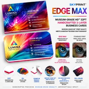 SKYPrint™ EDGE MAX Museum-Grade HD 32PT handcrafted 3-layer business cards featuring vibrant color-core edges, 6000 DPI print quality, and premium C2S coated stock.