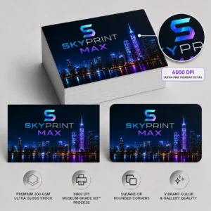 SKYPrint™ MAX 6000 DPI Museum-Grade HD™ business cards printed on premium 300 GSM ultra gloss cardstock featuring exceptional color accuracy, gallery-quality detail, and luxury digital printing.