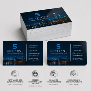 SkyPrint Pro premium business cards printed on 16PT Tango C2S super heavy stock with premium gloss or signature matte finish, enterprise 1200 DPI laser printing, and square or rounded corners.