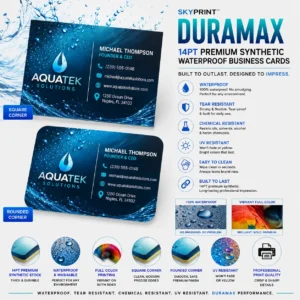 SKYPrint™ DURAMAX 14PT premium synthetic waterproof business cards featuring square and rounded corner options, tear-resistant coated synthetic stock with vibrant full-color printing.