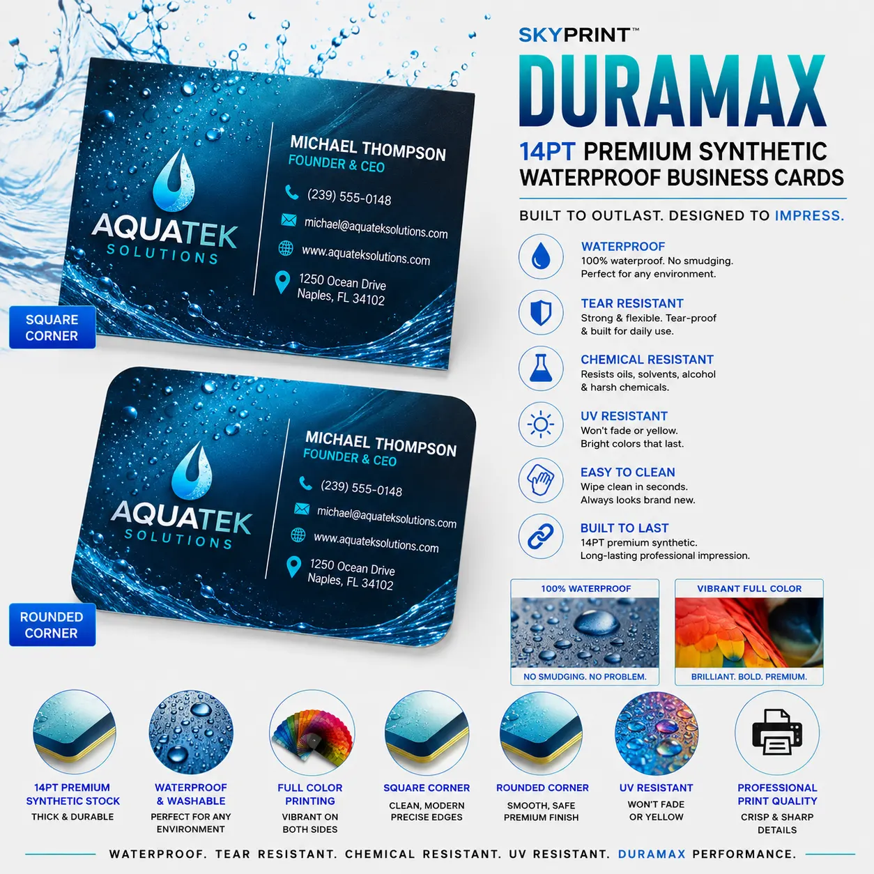 SKYPrint™ DURAMAX 14PT premium synthetic waterproof business cards featuring square and rounded corner options, tear-resistant coated synthetic stock with vibrant full-color printing.