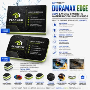 SKYPrint™ DURAMAX EDGE 32PT layered waterproof synthetic business cards featuring premium full-color printing, ultra-thick construction, square and rounded corner options, and tear-resistant waterproof durability.