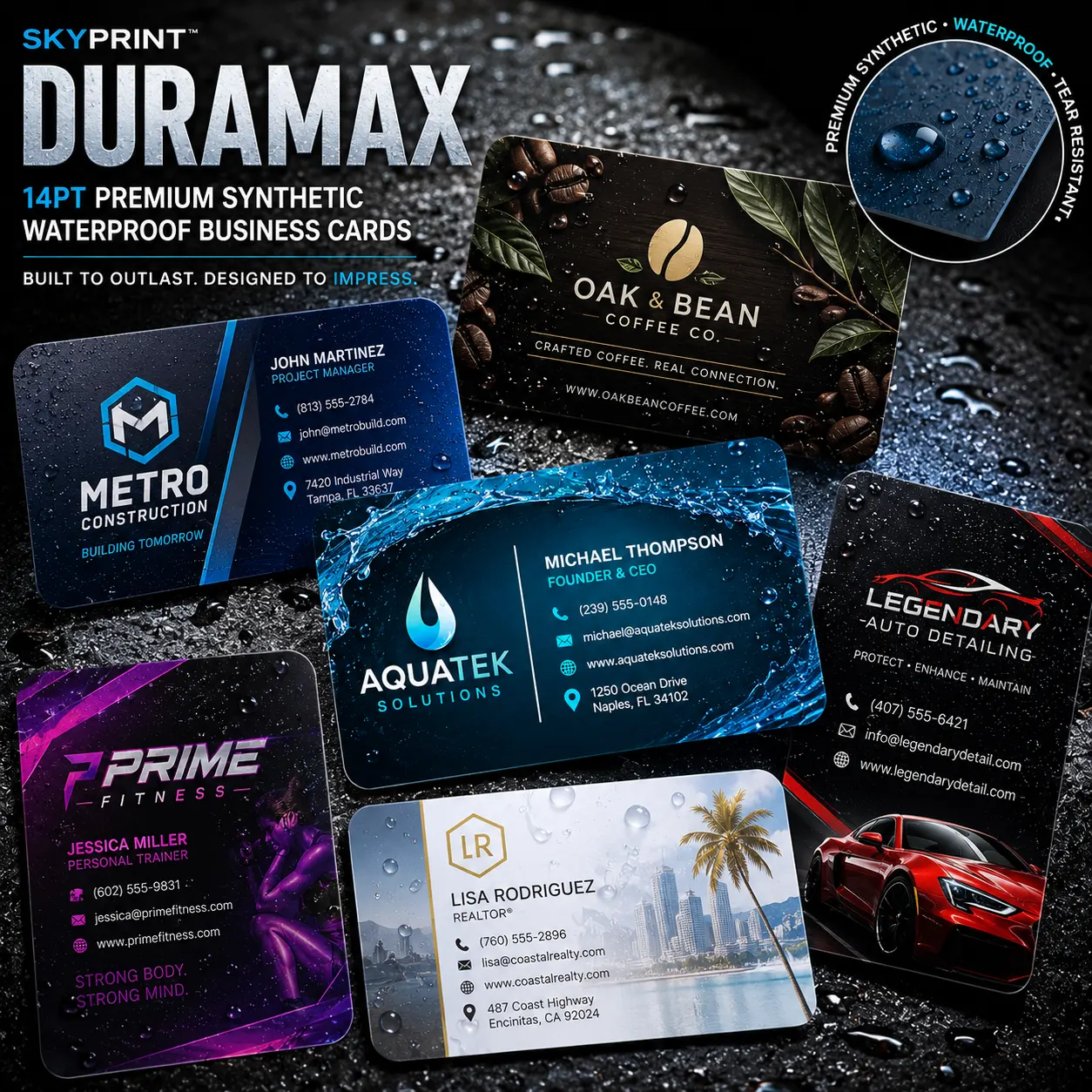 Collection of SKYPrint™ DURAMAX premium synthetic waterproof business card designs for construction, real estate, coffee shops, automotive, fitness and professional businesses.