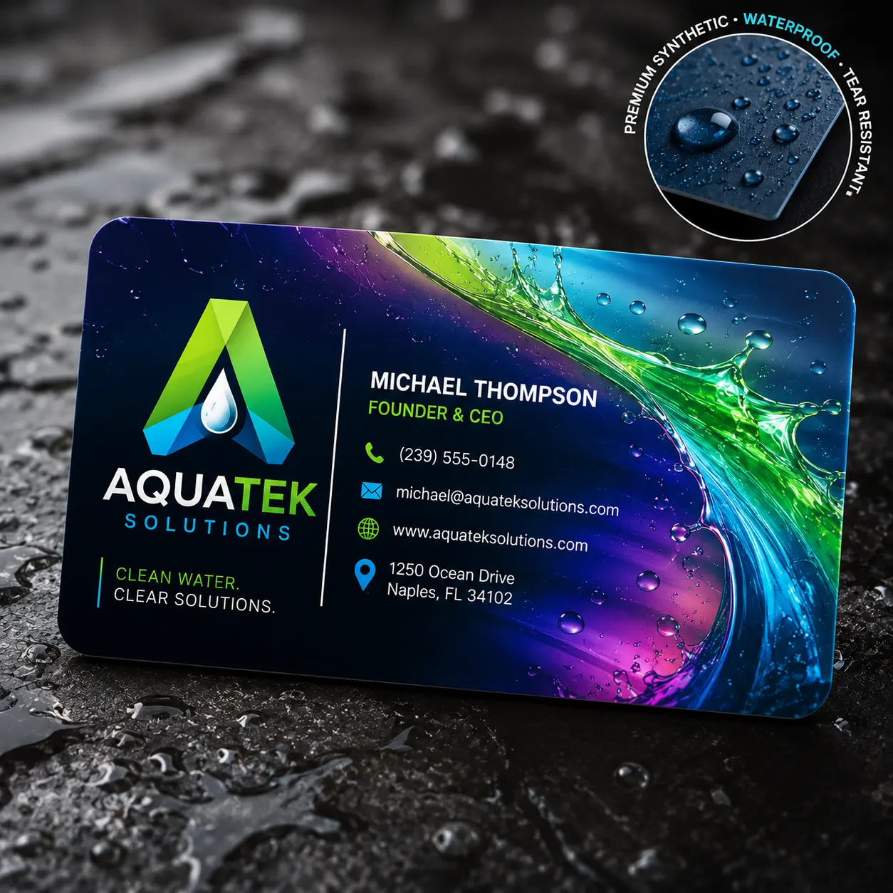 Rounded-corner SKYPrint™ DURAMAX 14PT waterproof synthetic business card with vivid aqua, lime, blue and purple artwork, water droplets and tear-resistant premium stock.
