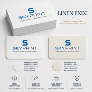 SKYPrint™ LINEN EXEC premium executive linen business cards featuring Premium Opaque Executive Linen and Premium Ivory Executive Linen with textured luxury finish.