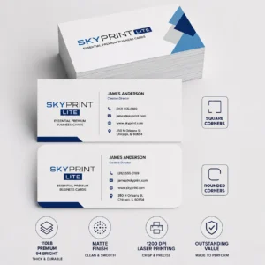 SKYPrint™ LITE affordable premium business cards printed on 110LB Premium Bright White Cover Stock with square and rounded corner options using 1200 DPI Enterprise Ricoh laser printing.