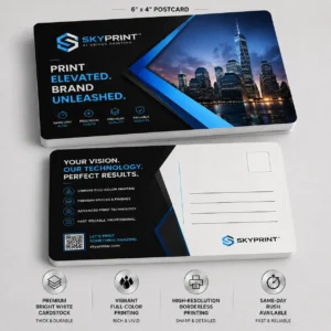 SKYPrint™ LITE premium 6x4 matte postcards featuring modern technology-themed postcard designs with rounded corners, borderless full-color printing, bright white cardstock and same-day rush printing.