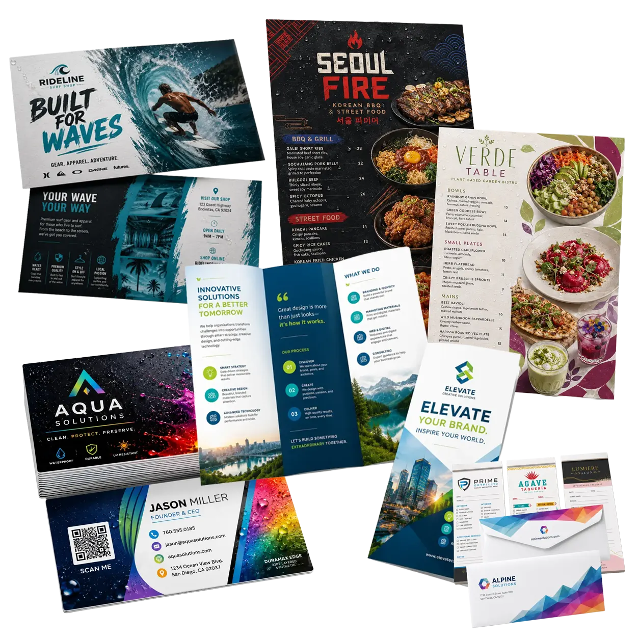 Collage of SKYPrint AI printing products for Del Mar businesses including business cards, postcards, brochures, booklets and restaurant menus.